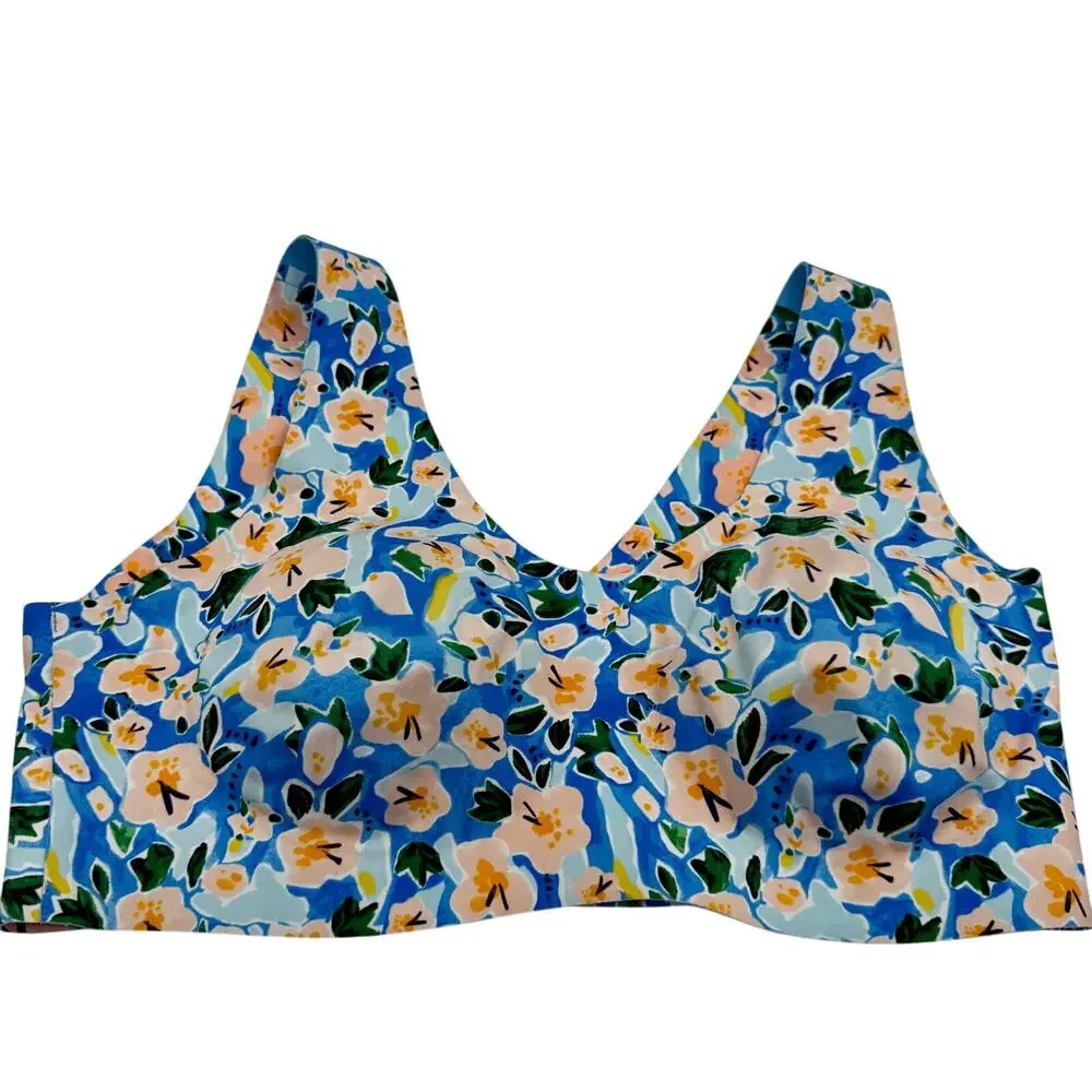 Knix XXL Floral Wireless Contour‎ Bra Blue Pink Stretch Pullover Comfort Lounge